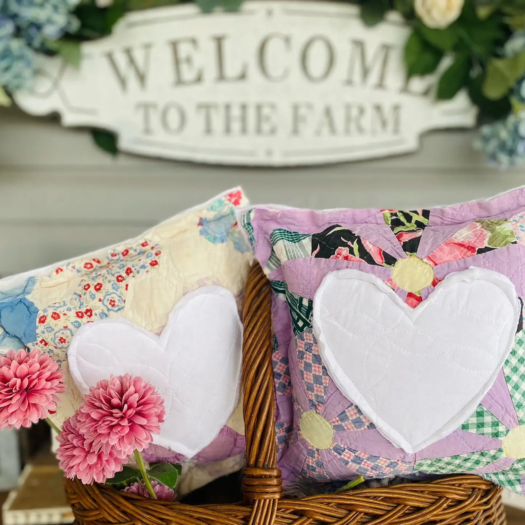 Vintage Quilt Block Pillow with Heart