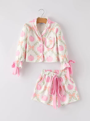 Halloween Pumpkin Floral Print Long Sleeve Top Shorts Girls Pajama Set