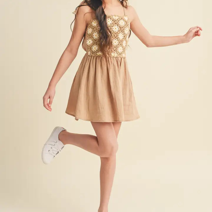 Tween Crochet Tie Shoulder Mini Dress