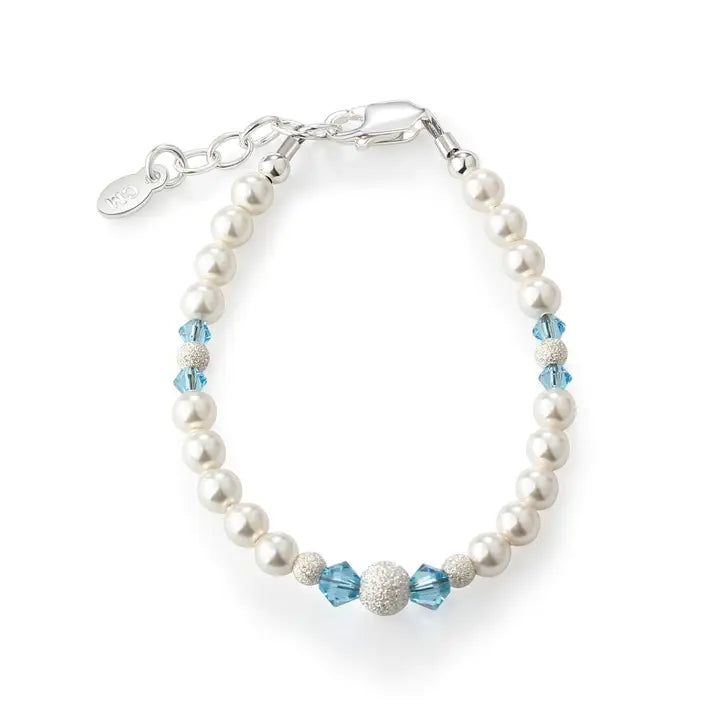 Girls Sterling Silver Pearl and Blue Crystal Kids Bracelet